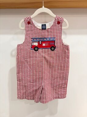 Red, White & blue plaid Jon Jon w/ Fire Truck Embroidery— 3T